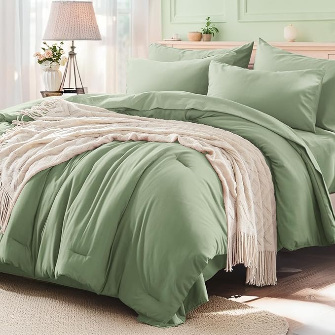 Anluoer Sage Green Twin Size Comforter Set 5 Pieces, Bed in a Bag with Sheets, All Season Bedding Sets with 1 Comforter, 1 Pillow Sham, 1 Pillowcase, 1 Flat Sheet, 1 Fitted Sheet