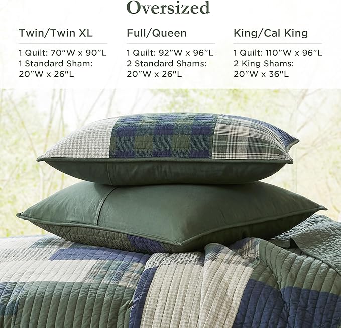 Woolrich Mill Creek Reversible Quilt Set - Cottage Styling Reversed to Solid Color, All Season Lightweight Coverlet, Cozy Bedding Layer, Matching Shams, Oversized King/Cal King, Plaid Green 3 Piece