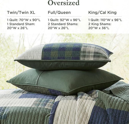 Woolrich Quilt Set Patchwork Channel Quilting, Cottege Coverlet for Twin Size Bed All Seasons, Lightweight Prewashed Cotton Coverlet Bedspread, Shams, Mill Creek, Oversized Twin/Twin XL Green 2 Piece