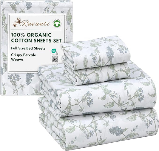 RUVANTI 100% Organic Cotton Sheets Full Size, Percale Weave, GOTS Certified, 4-Piece Set, Deep Pocket 15", Crisp & Breathable, Soft Durable Bedding, Sábanas Algodón Orgánico – Vine Yard