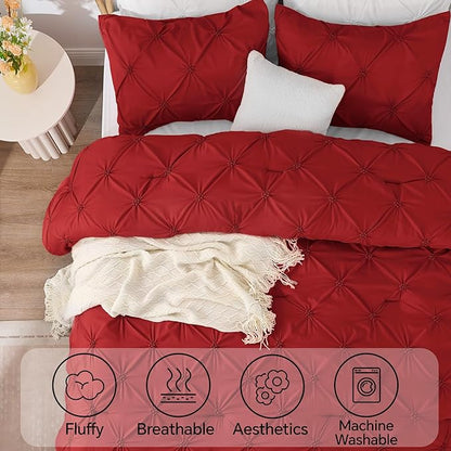 BEDELITE Red King Size Comforter Set - 3 Pieces Boho Pintuck Bedding Comforter Sets, Lightweight Soft & Warm King Bedding Set with 2 Pillowcases for All Season