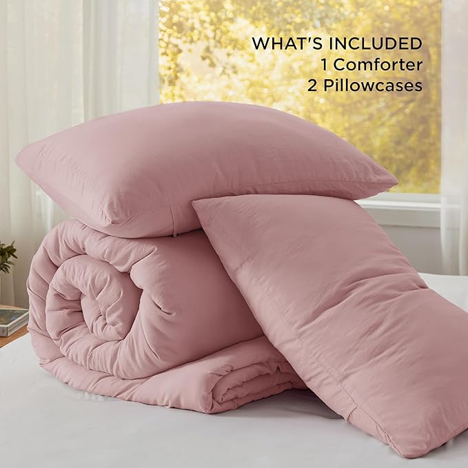 Bedsure Queen Comforter Set, Pink Soft Prewashed Bedding for All Seasons, 3 Pieces GentleSoft™ Bed Set, 1 Lightweight Comforter (90"x90") and 2 Pillowcases (20"x26")