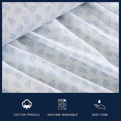 Nautica - Queen Size Sheets Set, Crisp & Tailored Floral Bedding with a Smooth Cotton Percale, Bed Sheets with Matching Pillowcases & Fitted Sheet (Breezy Bloom Blue)