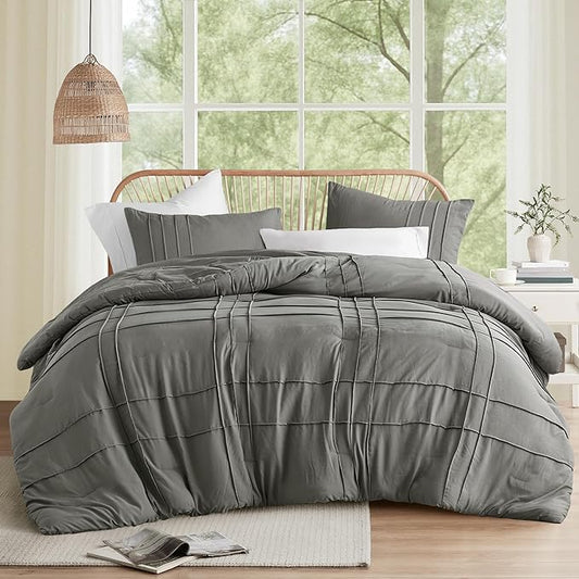Comfort Spaces Grey King Size Comforter Set - 3 Pieces Pintuck Pleated Bedding Sets, All Season Lightweight, Extra Softness Pre-Washed Microfiber Bed Set, Shams