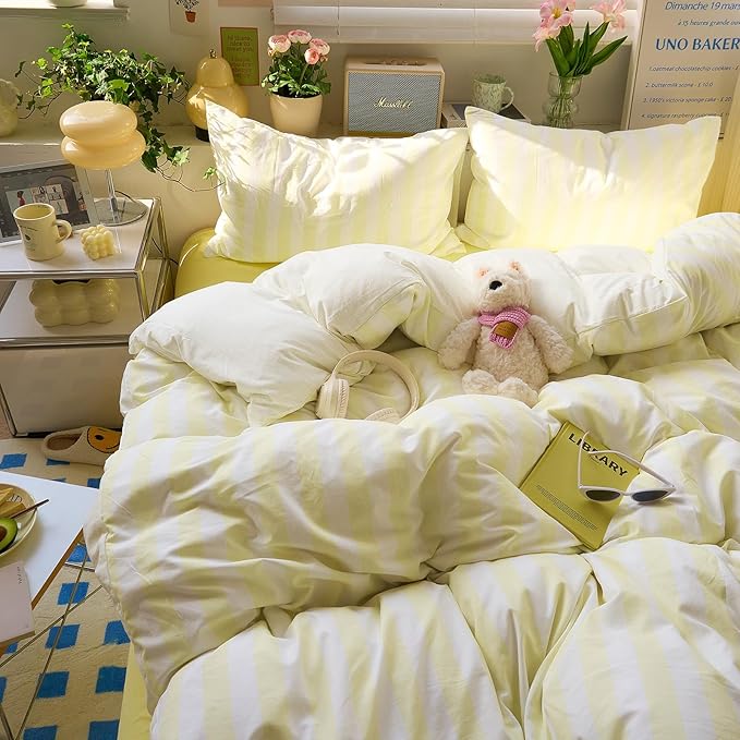 EAVD Yellow and White Vertical Striped Duvet Cover Twin XL Soft Washed Microfiber Farmhouse Yellow Striped Bedding Set with 2 Pillowcases Reversible Geometric Pattern Duvet Cover with Zipper Closure