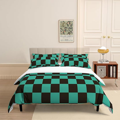 INFLAG Anime Bedding Set - Soft Brushed Microfiber 90x90 Inches Duvet Cover Set, 3 Piece, 1 Duvet Cover with Zipper Closure and 2 Pillow Shams (Queen,Green)