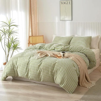 Striped Comforter Set Queen Size 3 Pieces Lightweight Striped Bedding Comforter Set Green White Stripes Pattern Farmhouse Bed Set Soft Fluffy Comforter with 2 Pillowcases for All Seasons Queen Size