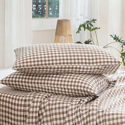 MooMee Bedding Pillowcases Gingham Pack of 2 100% Washed Cotton Linen Like Textured Breathable Durable Soft Comfy (Classic Gingham Brown, King)