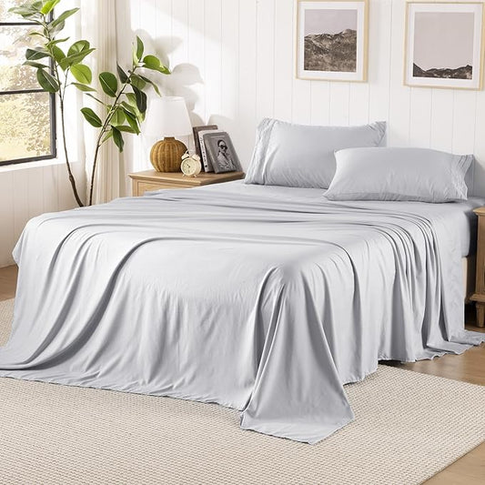 ROSE&RISY Light Grey Sheets Queen Sheet Set, Pre-Washed Cotton-Like Brushed Microfiber, 4 Pcs Super Soft Breathable Cooling Bed Sets,Includes 1 Fitted, 1 Flat, 2 Pillowcases (Light Grey, Queen)