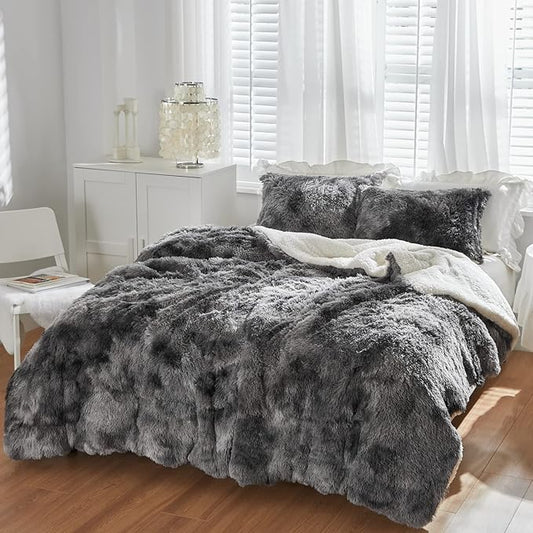 Luxury Faux Fur Shaggy Comforter Set Twin Size, Plush & Sherpa Reversible Comforter Tie Dye Black, 3 Pieces Fluffy Fuzzy Bedding Set Ultra Soft and Warm for Winter (1 Comforter + 2 Pillowcases)