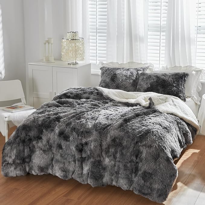 Luxury Faux Fur Shaggy Comforter Set Full/Queen Size, Plush & Sherpa Reversible Comforter Tie Dye Black, 3 Pieces Fluffy Fuzzy Bedding Set Ultra Soft and Warm for Winter (1 Comforter + 2 Pillowcases)