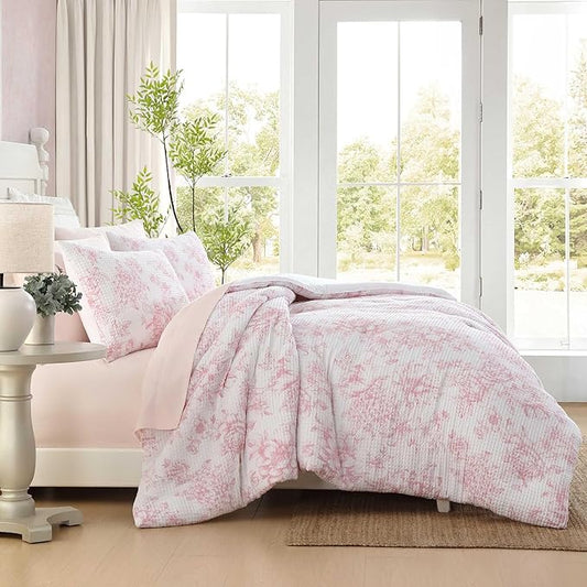 Laura Ashley - Comforter Set, Soft Poly Waffle Textured Bedding with Matching Shams, Delicate Floral Design (Delphine Pastel Pink, King)