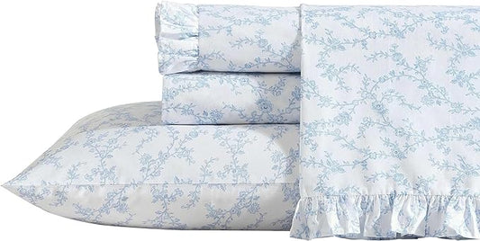 Laura Ashley - Twin XL Sheet Set, Crisp & Cool Cotton Percale Bedding with Deep Pockets, Lightweight for Year Round Comfort, Bed Sheets with Matching Pillowcase (Victoria Blue)