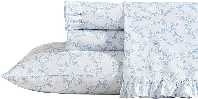 Laura Ashley - King Pillowcase Set, Breathable Percale Cotton Bedding, Floral Home Decor (Victoria Blue, 2 Piece)