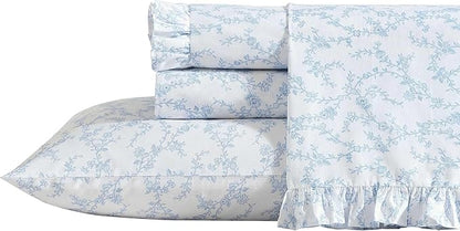 Laura Ashley - Full Sheet Set, Breathable Percale Cotton Bedding, 200 Thread Count, Floral Home Decor (Victoria Blue, Full)
