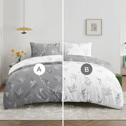 Bedsure Duvet Cover Twin Dorm Bedding - Reversible Floral Duvet Cover Set with Zipper Closure, 2 Pieces Grey Bedding Set with 8 Corner Ties and 1 Pillowcase 20"x26"