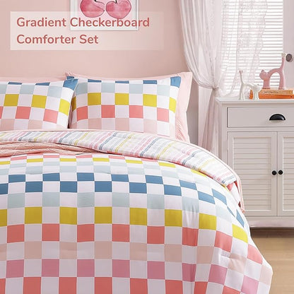 Full Size Comforter Set for Girls-7 Pieces Colorful Check Full Bedding Sets for Kids, Ultra Soft Bed in A Bag with Sheets