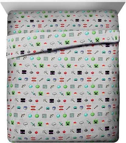 Jay Franco Kids Sheet Set with Fitted, Flat Sheets & Pillow Cover - Ultra-Soft Bedding with Pillowcase for Room Decor, Gray - Minecraft, 4 Piece Queen