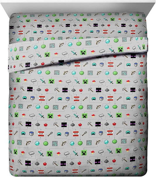 Jay Franco Kids Sheet Set with Fitted, Flat Sheets & Pillow Cover - Ultra-Soft Bedding with Pillowcase for Room Decor, Gray - Minecraft, 4 Piece Queen