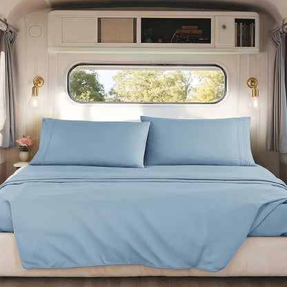 Clara Clark RV Short Queen Sheets - Hotel Luxury 6 Piece Bed Sheets for Short Queen Size Bed - Soft Bedding Sheets & Pillowcases, Fits Low Mattress up to 10 inch deep. Short Queen, Stone Blue