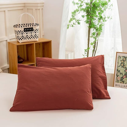 ECOCOTT Duvet Cover King Size - Linen Feel Organic Natural 100% Washed Cotton, Soft Breathable 3 Pieces Bedding Set with Zipper Closure, Burnt Brick Red
