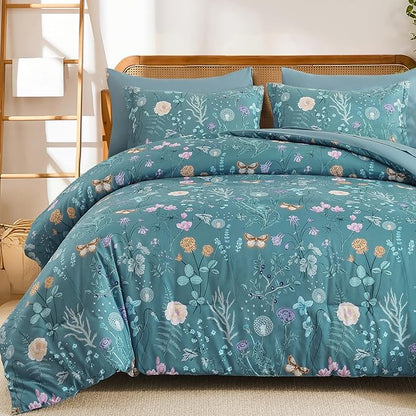 Yiran Queen Comforter Set, 7 Pieces Mineral Blue Floral Soft Bedding Sets, Queen Bed in a Bag with Botanical Flowers All Season Comforter, Sheets, Pillowcases & Shams