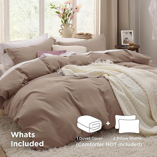 Bedsure Khaki Duvet Cover Queen Size - 3 Pieces Prewashed Cotton-Like Polyester Extra Soft Bedding Set, Includes 1 Duvet Cover 90x90 Inches with Zipper Closure & 2 Pillow Shams, Comforter Not Included