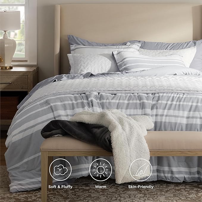 Bedsure King Comforter Set 7 Pieces, Grey Striped Bedding Set for All Seasons, Reversible, Cationic Dyeing Bed in a Bag with Comforter, Sheets, Pillowcases & Shams