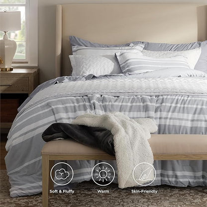 Bedsure King Comforter Set 7 Pieces, Grey Striped Bedding Set for All Seasons, Reversible, Cationic Dyeing Bed in a Bag with Comforter, Sheets, Pillowcases & Shams
