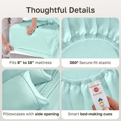 California Design Den Natural 100% Cotton Sheets, Soft Queen Sheet Set, 400 Thread Count Sateen, Deep Pockets with All-Around Elastic for a Snug Fit, Durable Bedding Set - Seafoam