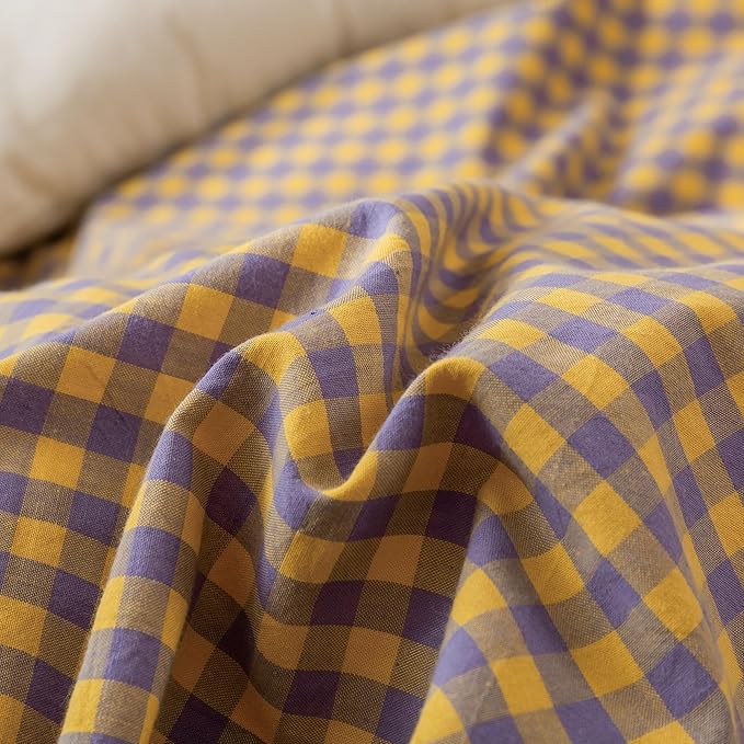HighBuy Yellow Gingham Comforter Set Queen Size, Modern Chic Purple Plaid Pattern Comforter Fluffy with 2 Pillowcases for Men Women, 3 Pieces Lightweight Bedding Comforter Set for All Seasons