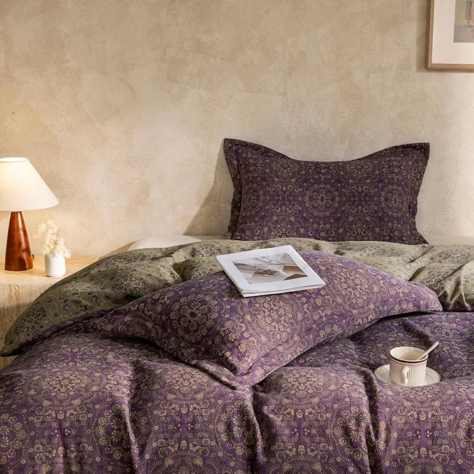 mixinni Purple Green Floral Duvet Cover Queen Size, Elegant Double-Layer Yarn Premium Cotton Vintage Duvet Cover Set, Exquisite Jacquard Design Bedding Set with 2 Pillowcases Perfect for Him and Her