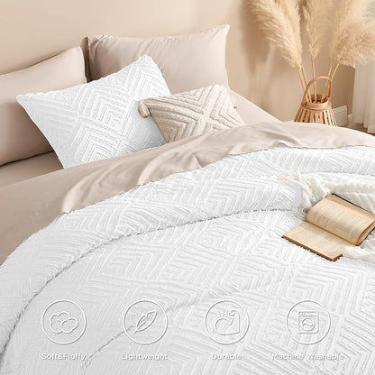Andency White Oversized King Comforter 120"x120", 3 Pieces White Super King Boho Bedding Set & Collections, Farmhouse Tufted Fluffy Bed Set (1 Comforter, 2 Pillowcases)