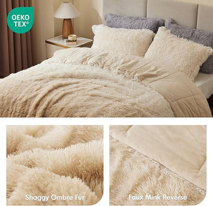 Intelligent Design Long Shaggy Faux Fur Comforter Set, Soft Plush Reverse, Chic Ombre Design Queen Size Comforter Sets, All Season Bedding Set, Matching Sham, Brielle, Full/Queen(90"x90") Natural