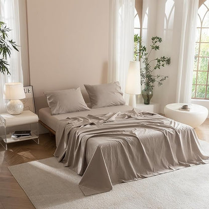 JIYUAN Queen Size Sheet Set, 4-Piece - 100% Washed Cotton, Linen-Like Soft & Breathable, Includes Deep Pocket Fitted & Flat Sheet with 2 Pillowcases, Hotel Quality, Heathered Warm Taupe