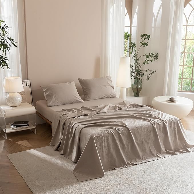 JIYUAN Full Size Sheet Set, 4-Piece - 100% Washed Cotton, Linen-Like Soft & Breathable, Includes Deep Pocket Fitted & Flat Sheet with 2 Pillowcases, Hotel Quality, Heathered Warm Taupe