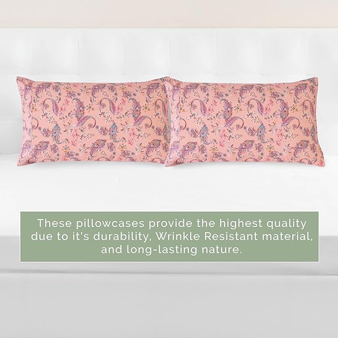 Elegant Comfort Ultra Soft Set of 2 Floral Print Pillowcases - 1500 Premium Hotel Quality Microfiber, Soft and Smooth Envelope Closure 2-Piece Pillow Covers - Standard/Queen, Paisley Coral