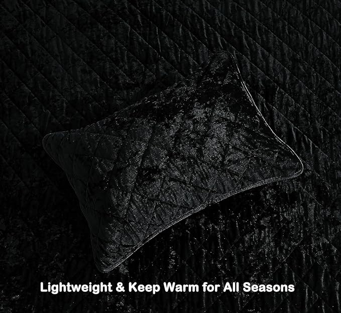 Chezmoi Collection Lux Black Velvet Quilt Oversized King Set, 3-Piece Plush Distressed Velvet Bedding All Season Lightweight Comforter Brushed Microfiber Reverse with Diamond Stitch Quilting