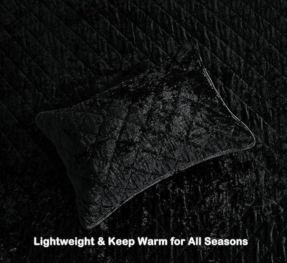 Chezmoi Collection Lux Black Velvet Quilt Oversized King Set, 3-Piece Plush Distressed Velvet Bedding All Season Lightweight Comforter Brushed Microfiber Reverse with Diamond Stitch Quilting