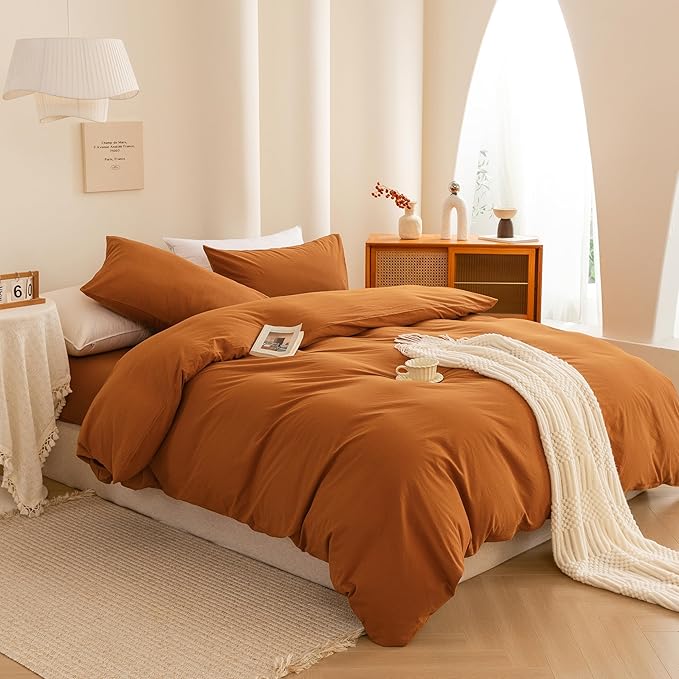 ECOCOTT Orange Duvet Cover King Size, 3 Piece 100% Washed Cotton 1 Duvet Cover with Zipper and 2 Pillowcases, Ultra Soft and Easy Care Breathable Cozy Bedding Set (Orange,King)