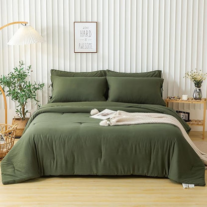 COTTEBED Ultra-Soft Full Size Sheet Sets with Comforter - All Season Use 5 Piece Bed in a Bag, Aesthetic Boho Washed PolyCotton Full Comforter and Bedding Fitted Sheet Set Pillowcase, Dark Olive Green