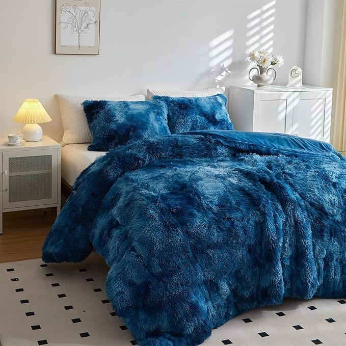 Wajade Faux Fur Plush White Comforter Set Fluffy Fuzzy Shaggy Bedding Set - 3PC Full/Queen Microfiber Soft Warm Quilt Set (Tie Dye Blue White, King)