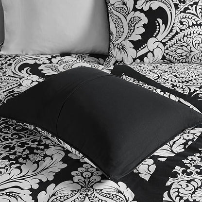 Madison Park Vienna Sateen Cotton Comforter Set, Breathable, Soft Cover, Trendy, All Season Down Alternative Cozy Bedding with Matching Shams, King, Black 7 Piece