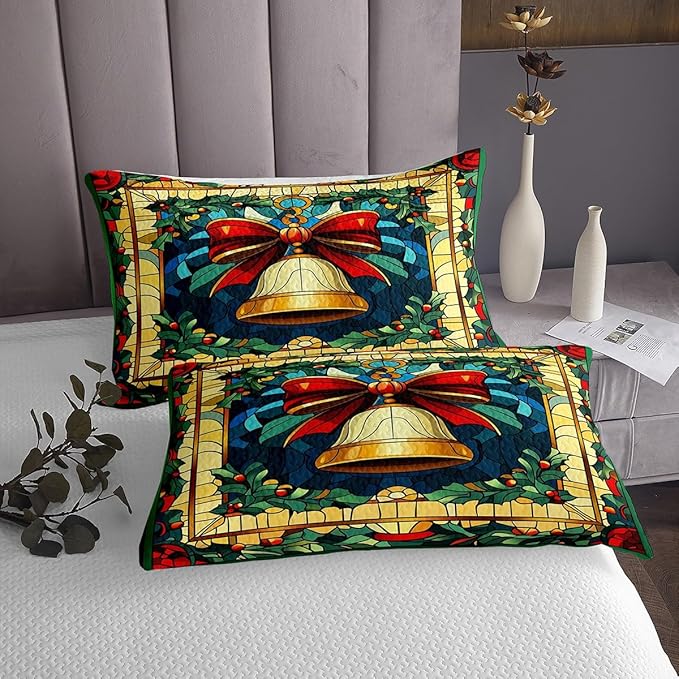Christmas Bell Kids Bedspread Queen Size,Merry Christmas Bowknot Bow Tie Coverlet Set,Boys Girls Room Decor,Happy New Year Poinsettia Flower Quilted Coverlet,Red Xmas Bedding Quilt,2 Pillowcases
