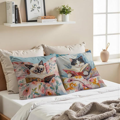 Funny Cat Reader Book Pillow Cover 18 x 18 Set of 2, Reading Nook Corner Decor, Gifts for Book Lovers, Preppy Floral Black White Cats Bookish Pillowcase（02）