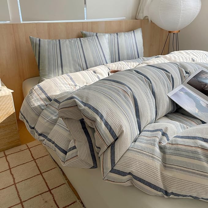 EAVD Modern Style Striped Duvet Cover Twin 100% Washed Cotton Colorful Wide and Pinstriped Bedding Duvet Cover Set with 2 Pillowcases Farmhouse Geometric Bedding Set with Zipper for All-Season