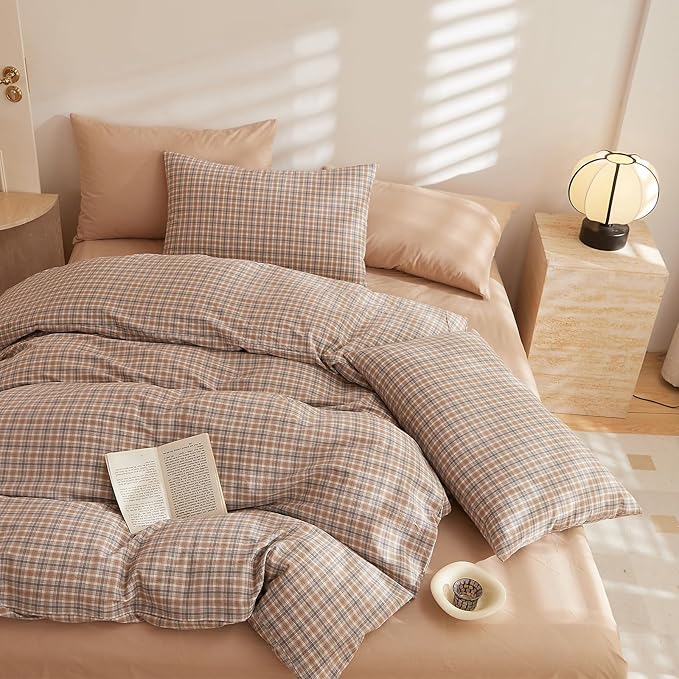Plaid Comforter Set Full Washed Cotton Down Alternative Bedding Set Vintage Farmhouse Fluffy Boho Bedding Comforter Sets Neutral Soft All Season Rustic Bed Comforter with 2 Pillowcases