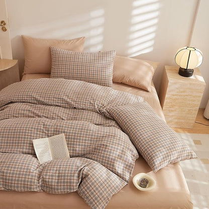 Plaid King Bed Comforter Set Washed Cotton Down Alternative Bedding Set Vintage Farmhouse Fluffy Boho Bedding Comforter Sets Neutral Soft All Season Rustic Bed Comforter with 2 Pillowcases