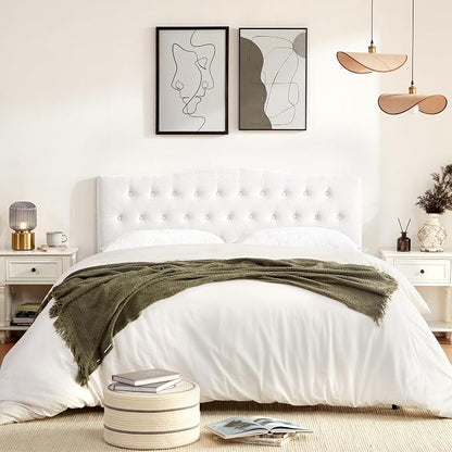 Tufted Headboard King Size, Solid Wood Adjustable Height Head Board, White | Upholstered King Headboard Only with Durable Solid Wood Legs, Adjustable Height 37-51 in, Fabric Button Diamond HeadBoards