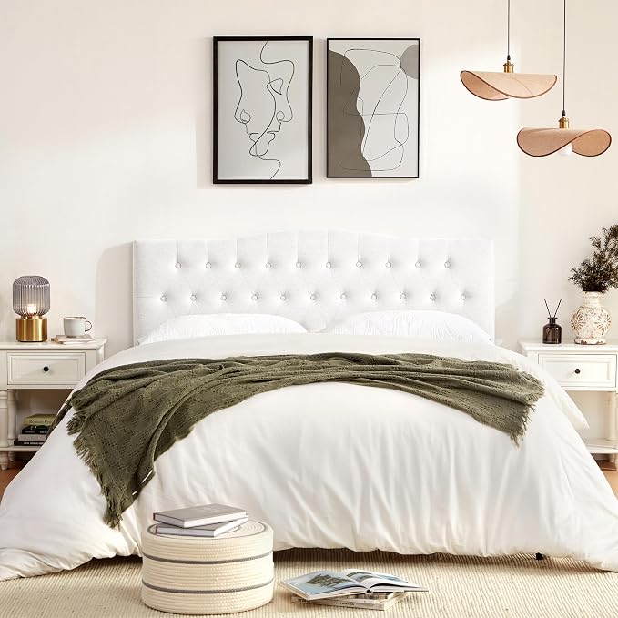 Tufted Headboard California King Size, Sturdy Solid Wood Head Board, White | Upholstered California King Headboard with Solid Wood Legs, Adjustable Height 37-51 in, Fabric Button Diamond HeadBoards